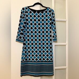 White House Black Market Blue and Black Circle Pattern Dress